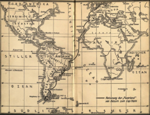 Mapa indicando o trajeto de Gunther até a Terra do Fogo, em 1927. No Brasil, ele desembarcou na Bahia, Rio de Janeiro, São Paulo, Curitiba, Blumenau e Porto Alegre.