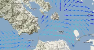Correntezas da Baía de São Francisco. Quanto mais claras as setas, mais fria a água.
